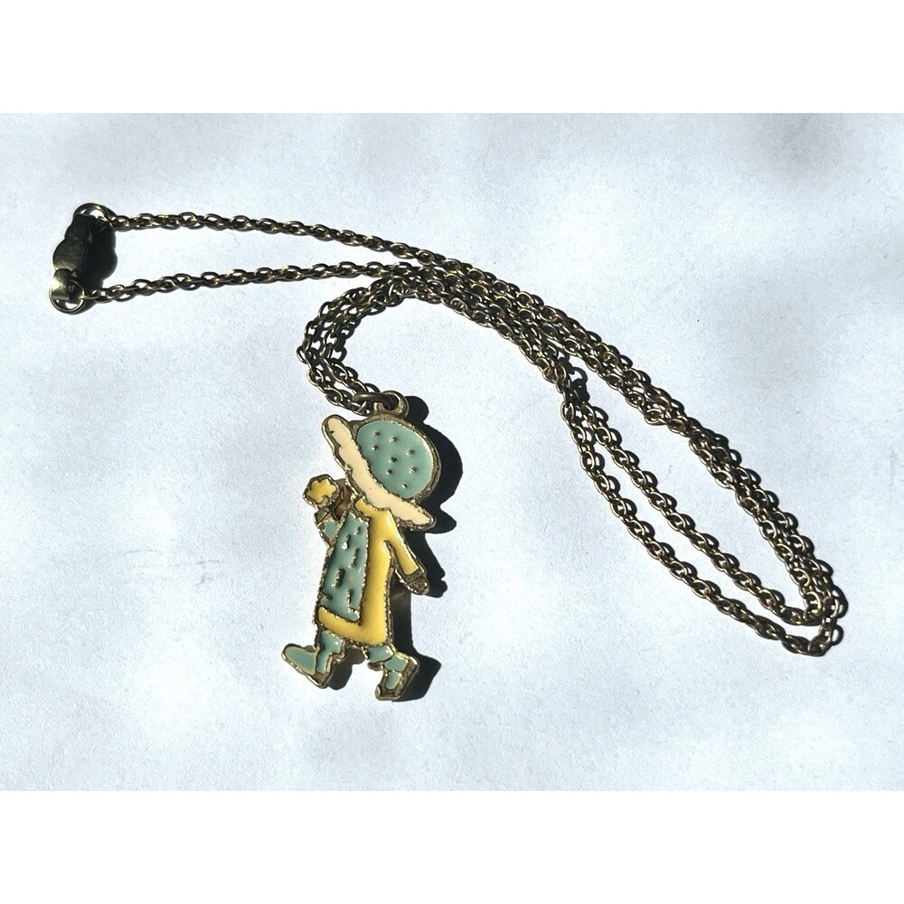 Vintage Holly Hobbie Enamel Pendant Necklace 70s Nostalgia Charm